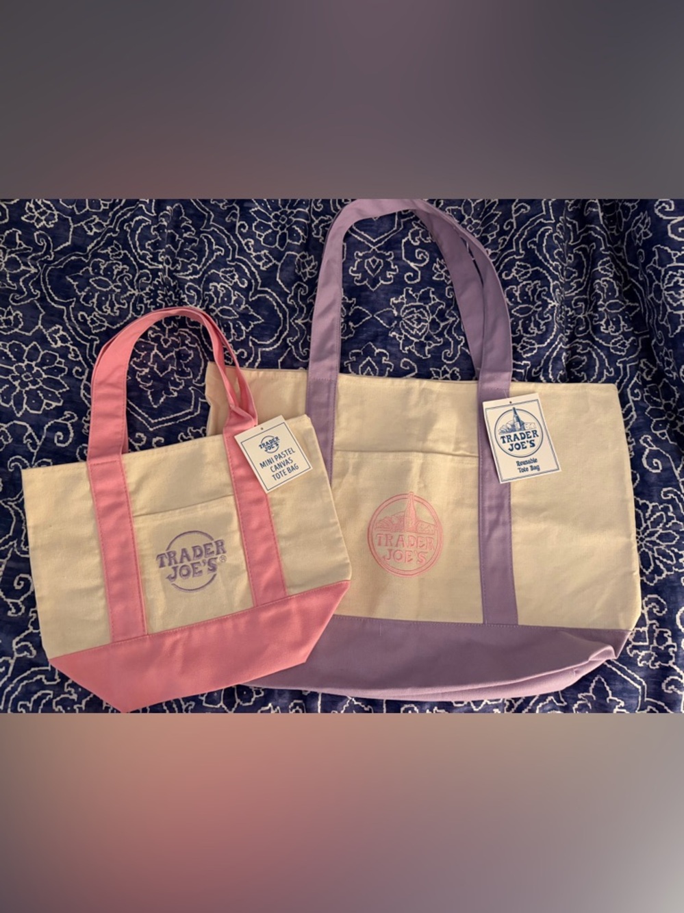 🩷 Trader Joe’s 2026 Large Lavender Tote Bag Mini Pink Canvas NWT Set of 2 FINAL